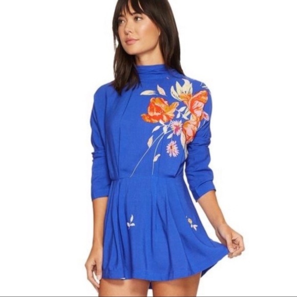 Free People Floral Print Mock Neck Mini Dress Tie Back Cobalt Blue Size Small